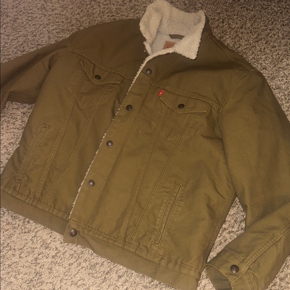 Levi's Men's Olive Khaki Sherpa Lined Trucker Denim Jacket Size Large - Picture 3 of 13
